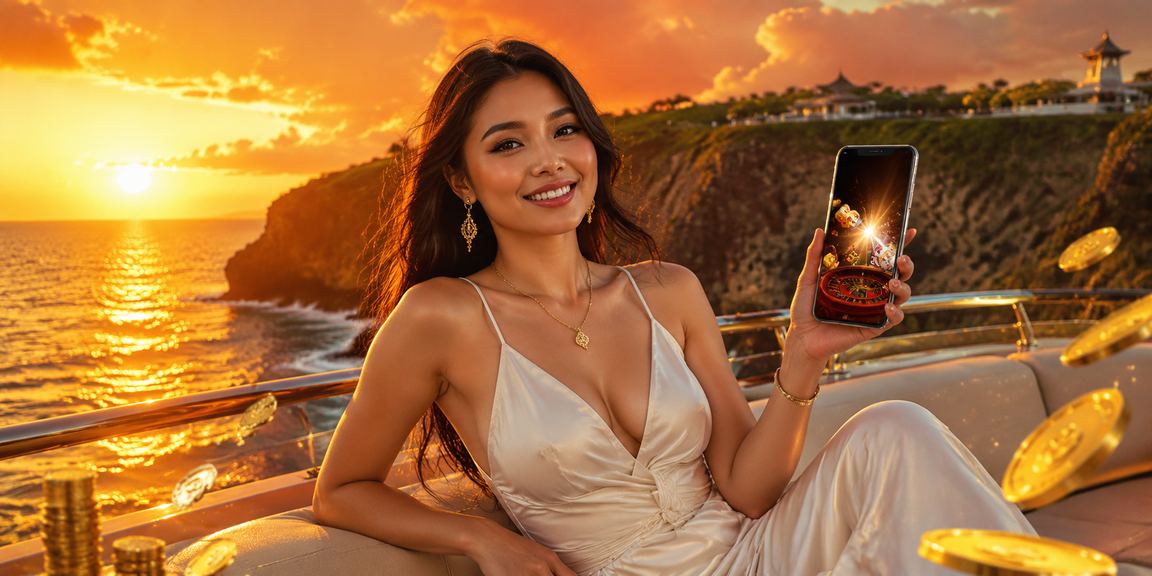 Wanita muda tersenyum saat mengakses platform casino mobile dari ponselnya