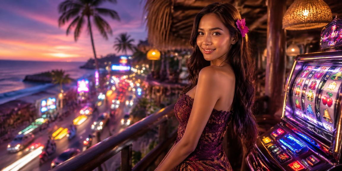 Antarmuka slot game berlatar pantai tropis yang cerah dan berwarna